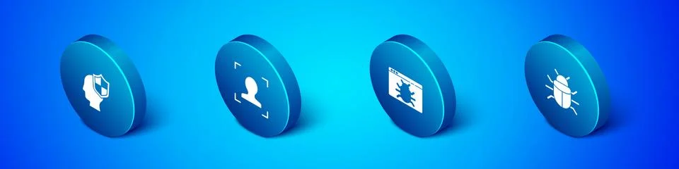 Set Isometric Head with shield, System bug, and Face recognition icon. Vector Stock-Illustration
