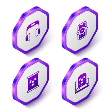 Set Isometric Headphones, Computer vision, Radioactive waste in barrel and Illustrazione stock