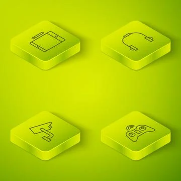 Set Isometric Headphones, Security camera, Wireless gamepad and Graphic tablet 스톡 일러스트