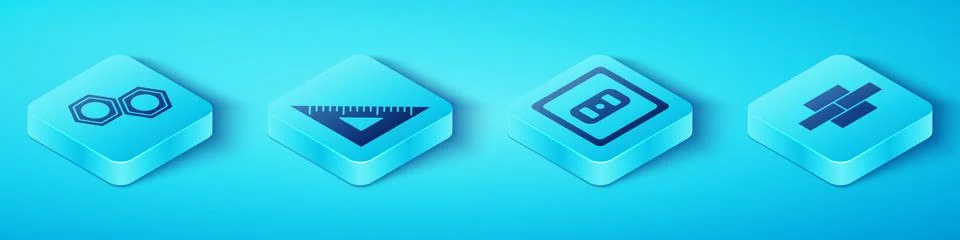 Set Isometric Hexagonal metal nut, Triangular ruler, Bricks and Electrical Stock Illustration