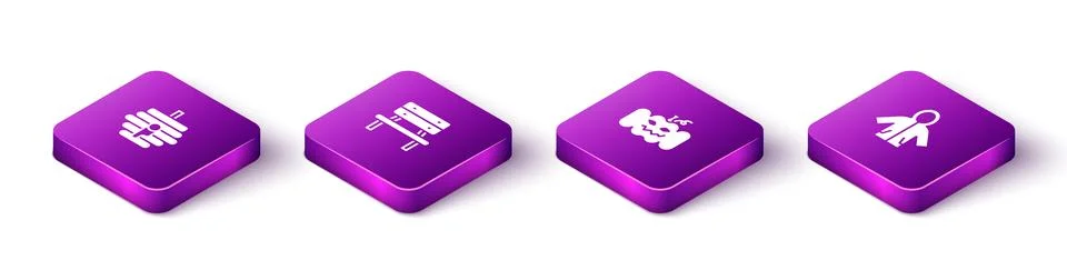 Set Isometric Hive for bees, Bench, Pumpkin and Raincoat icon. Vector 库存插图