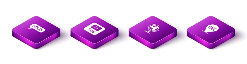 Set Isometric Hola in different languages, Video with subtitles, Earth glob.. Stock Illustration