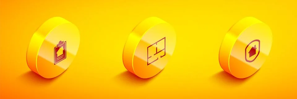 Set Isometric House contract, plan and under protection icon. Vector Ilustración de archivo