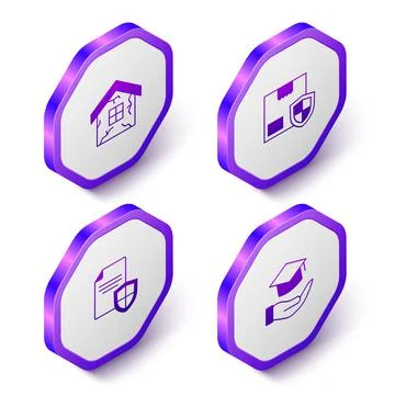 Set Isometric House, Delivery security with shield, Contract and Education grant Stock Illustration