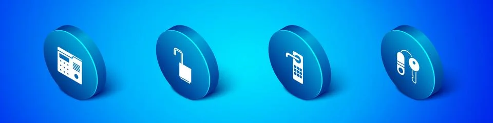 Set Isometric House intercom system, Digital door lock, with key and Open Stock Illustration