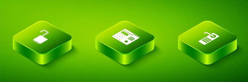 Set Isometric House intercom system, Digital door lock and Open padlock icon Stock Illustration