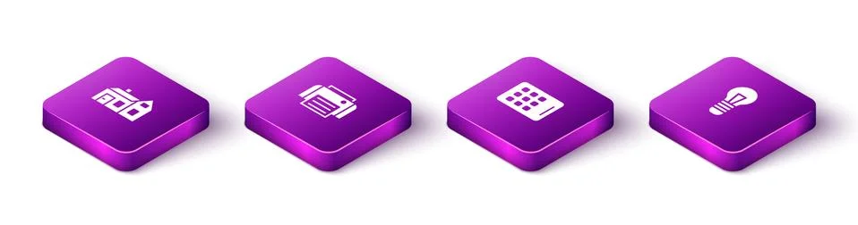 Set Isometric House, Printer, Graphic tablet and Light bulb icon. Vector Illustrazione stock