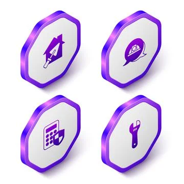 Set Isometric House with trowel, Worker safety helmet, Security keypad access Illustrazione stock