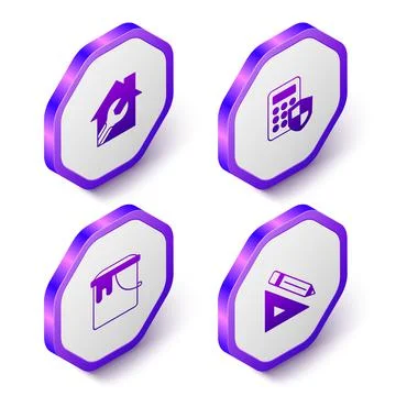 Set Isometric House with wrench spanner, Security keypad access panel, Paint 스톡 일러스트