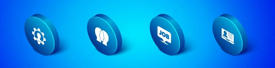 Set Isometric Human with gear, Speech bubble job, Laptop resume and Project team Illustrazione stock