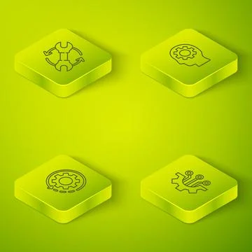 Set Isometric Human head with gear inside, Gear and arrows as workflow 스톡 일러스트