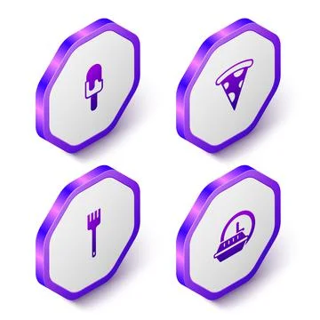 Set Isometric Ice cream, Slice of pizza, Fork and Round the clock delivery icon Stock Illustration