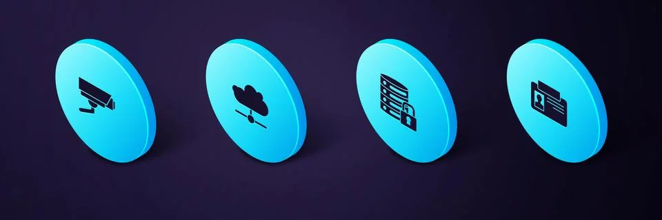 Set Isometric Identification badge, Server security with lock, Network cloud Stock Illustration