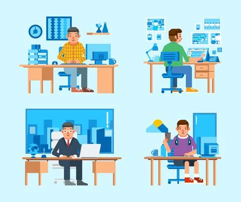 Set isometric illustration of some man character working on desk with compute Stock Illustration