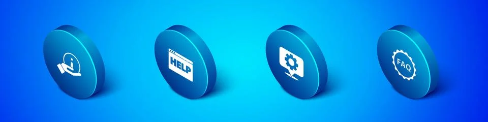 Set Isometric Information, Location with gear, Label text FAQ and Browser help Stock Illustration