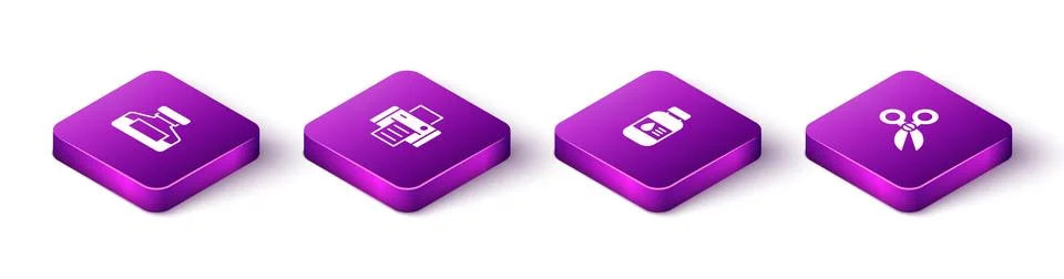 Set Isometric Ink bottle, Printer, ink and Scissors icon. Vector Illustrazione stock