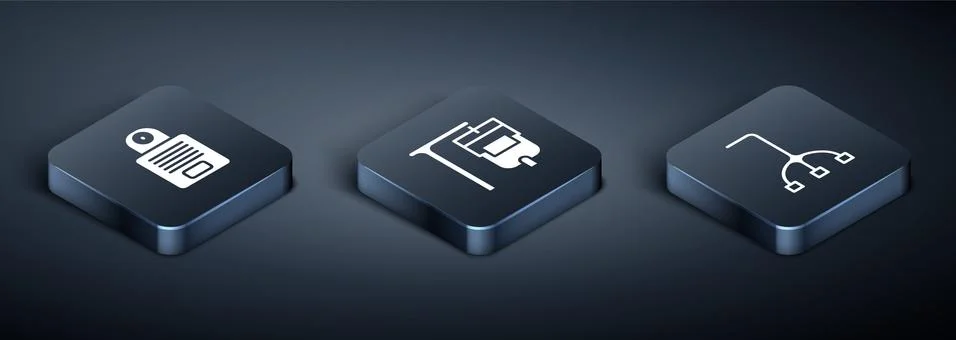 Set Isometric Intercom, Walking stick cane and IV bag icon. Vector Stock Illustration