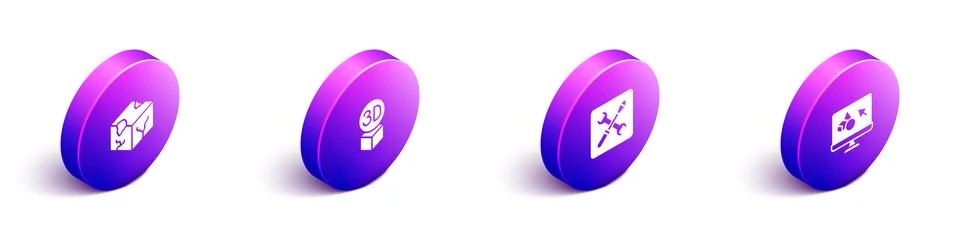 Set Isometric Isometric cube, , 3D printer setting and software icon. Vector Stock Illustration