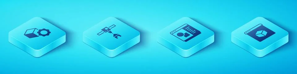 Set Isometric Isometric cube, 3D printer house, and software icon. Vector Ilustração Stock