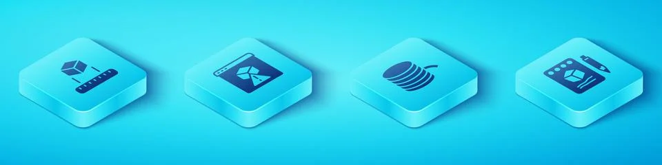 Set Isometric Isometric cube, 3D printer, Sketch on paper and Filament for icon Stock Illustration