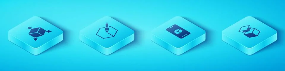 Set Isometric Isometric cube, 3d pen tool, Layers and 3D printer software i.. Ilustração Stock