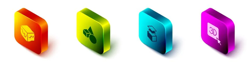 Set Isometric Isometric cube, Basic geometric shapes, Layers and 3D printer icon Stock Illustration