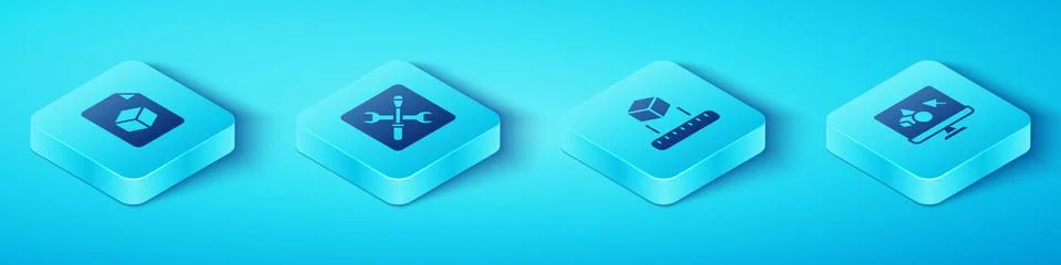 Set Isometric Isometric cube file, 3D printer setting, software and icon. Vector Stock Illustration