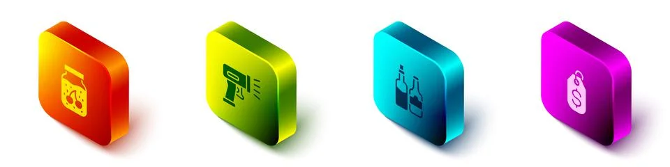 Set Isometric Jam jar, Scanner scanning bar code, Whiskey bottle and Price tag Stock Illustration