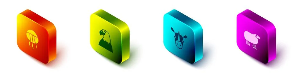Set Isometric Jellyfish, Eagle head, Rhinoceros and Sheep icon. Vector Stock Illustration