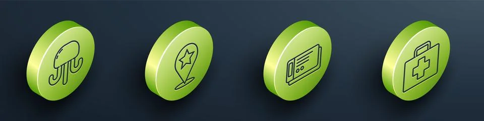 Set Isometric Jellyfish, Map pointer with star, Travel ticket and First aid kit 스톡 일러스트