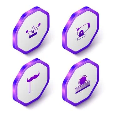 Set Isometric Jester hat with bells Cannon Paper mustache stick and Roller co Stock Illustration