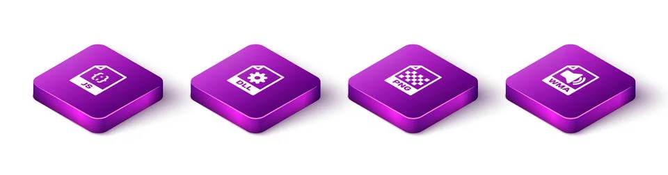 Set Isometric JS file document, DLL, PNG and WMA icon. Vector Stock Illustration