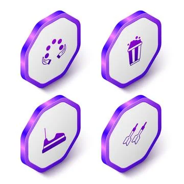 Set Isometric Juggling ball, Popcorn cardboard box, Bumper and Dart arrow i.. Stock Illustration