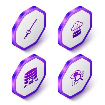 Set Isometric Katana, Network cloud connection, Cloud database and Eye scan icon Stock Illustration