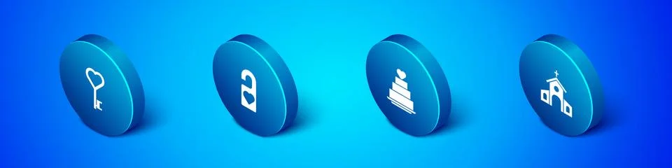 Set Isometric Key in heart shape, Wedding cake with, Church building and Please Ilustración de archivo