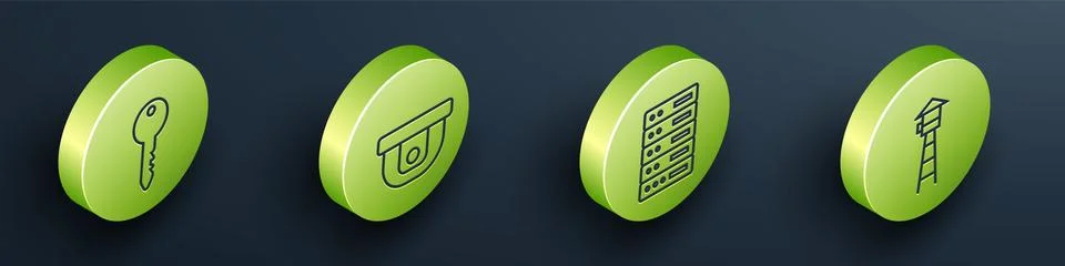 Set Isometric Key, Motion sensor, Server, Data, Web Hosting and Watch tower icon Stock Illustration