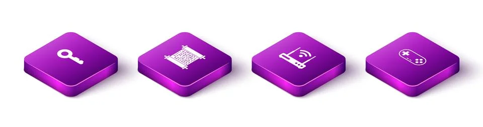 Set Isometric Key, Paper scroll, Router and wi-fi and Gamepad icon. Vector Illustrazione stock