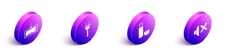 Set Isometric Keyboard, Electric plug, USB flash drive and Speaker mute icon Stock Illustration