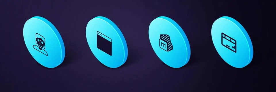 Set Isometric Keyboard, Processor, Browser window and Hacker coder icon. Vect Stock Illustration