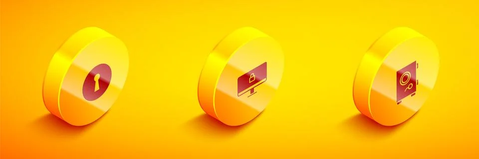 Set Isometric Keyhole, Lock on computer monitor and Safe icon. Vector Stock Illustration