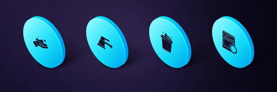 Set Isometric Kitchen dishwasher machine, Bucket with soap suds, Water tap an Stock-Illustration