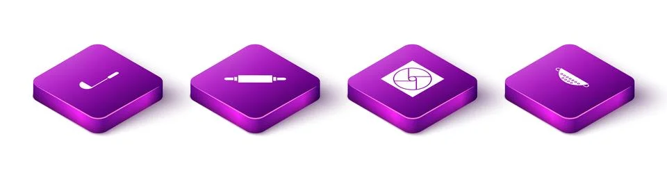 Set Isometric Kitchen ladle, Rolling pin, Ventilation and colander icon. Vect Stock Illustration
