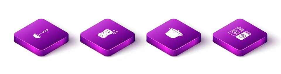 Set Isometric Kitchen ladle, Sponge with bubbles, Cooking pot and Salt and Stock Illustration