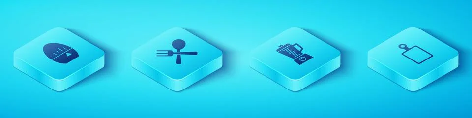 Set Isometric Kitchen timer, Crossed fork and spoon, Cutting board and Blender Stock Illustration