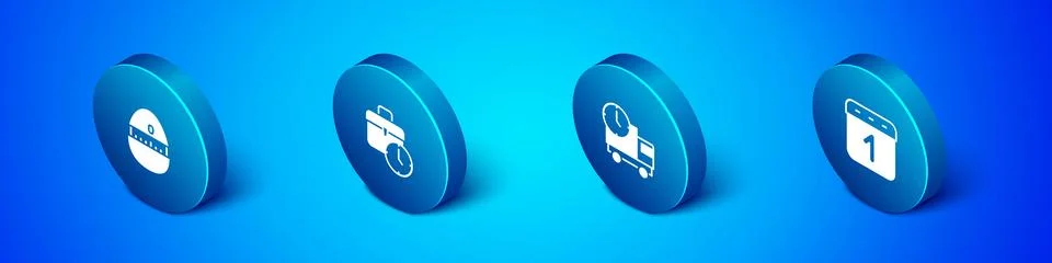 Set Isometric Kitchen timer, Delivery truck and, Calendar and Work icon. Vect Stock-Illustration