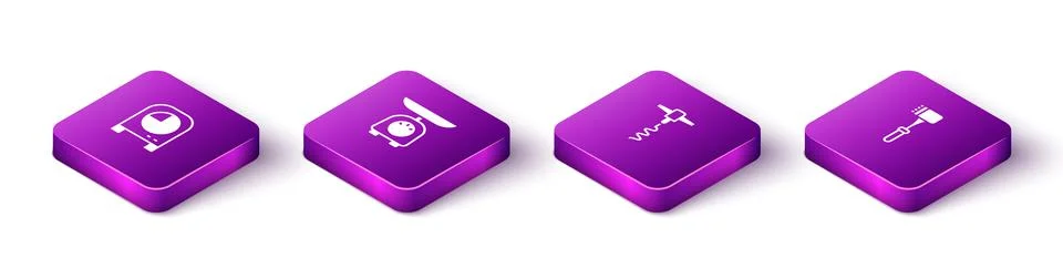 Set Isometric Kitchen timer, Scales, Wine corkscrew and hammer icon. Vector Stock Illustration