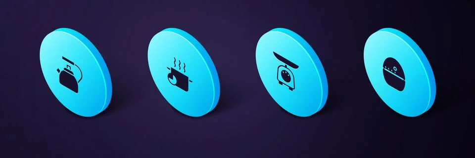Set Isometric Kitchen timer, Scales, Cooking pot and Kettle with handle icon. Stock Illustration