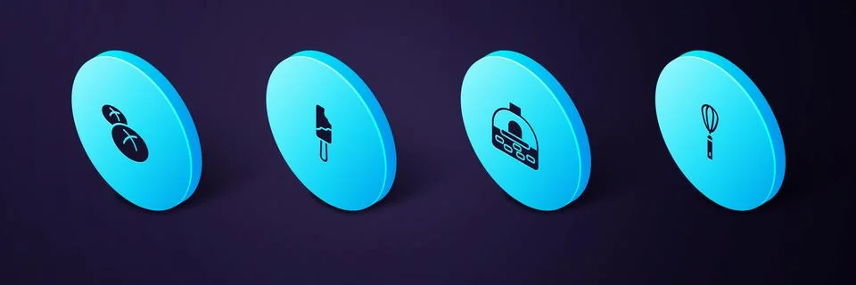 Set Isometric Kitchen whisk, Brick stove, Ice cream and Bread loaf icon. Vector Stock Illustration