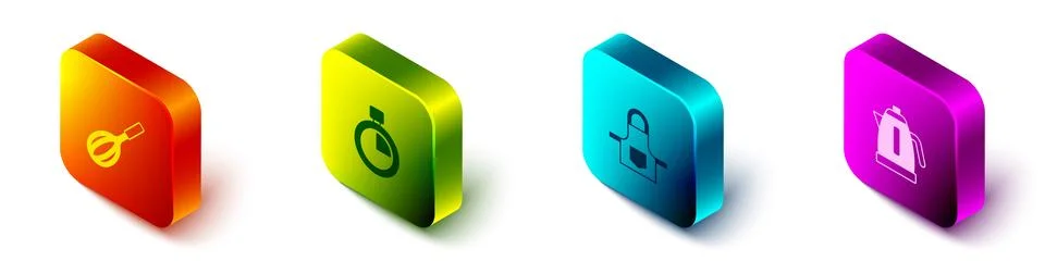 Set Isometric Kitchen whisk, Stopwatch, apron and Electric kettle icon. Vecto 스톡 일러스트