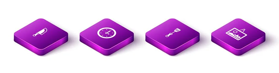 Set Isometric Knife, Clock, Spatula and Picture icon. Vector Illustrazione stock